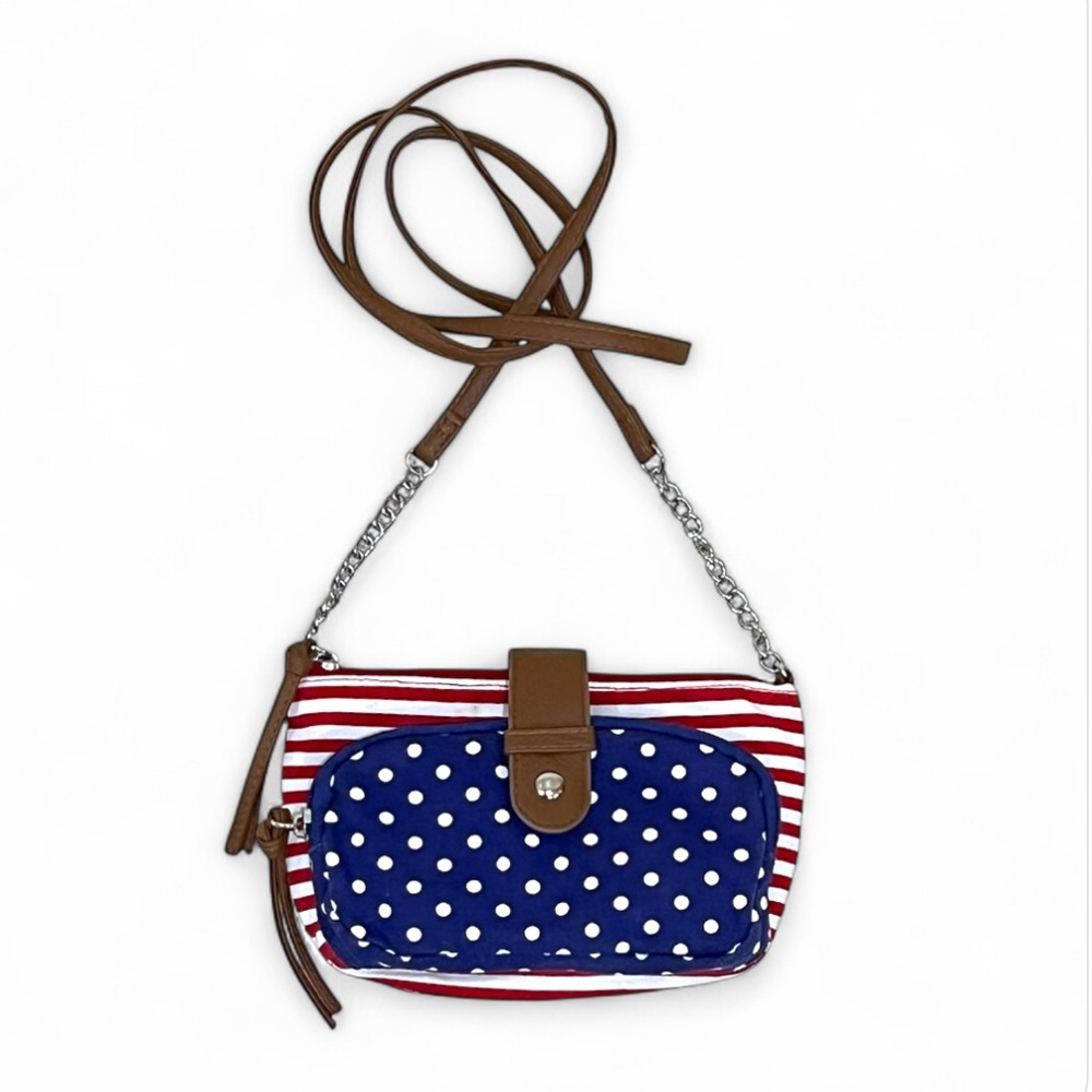 Patriotic American Flag Crossbody Bag Red White & Blue Stripes Polka Dot Purse - Picture 14 of 14